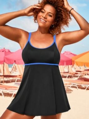 Swimsuits For All Black Swimdress with Blue Trim